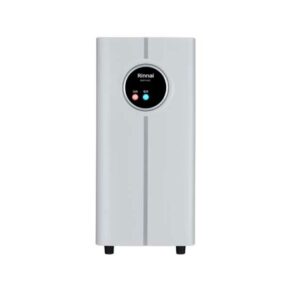 Silver vertical water heater with a round black control panel labeled Rinnai on the front, standing on small feet.