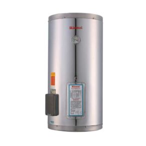 Rinnai vertical stainless steel water heater with a front pressure gauge and control panel label area on the front.