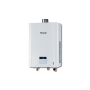 Rinnai white tankless water heater with a digital display showing 42 and multiple connection ports at the bottom