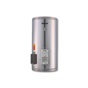 Stainless steel vertical Rinnai water heater with gauge, control box, and safety labels on the front panel