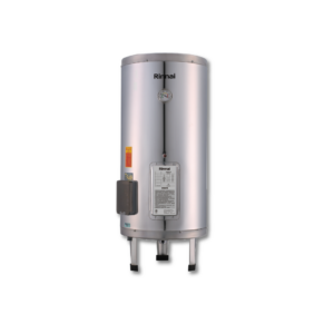Rinnai vertical stainless steel water heater on legs with gauge and control panel in front.