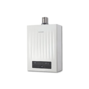 White wall-mounted gas water heater with vertical ridges and a digital control panel at the bottom (brand: Sakura).