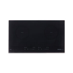 Black induction cooktop with two circular cooking zones and a touch-control panel along the front edge, brand Sakura visible on the lower right, sleek glass-ceramic surface.