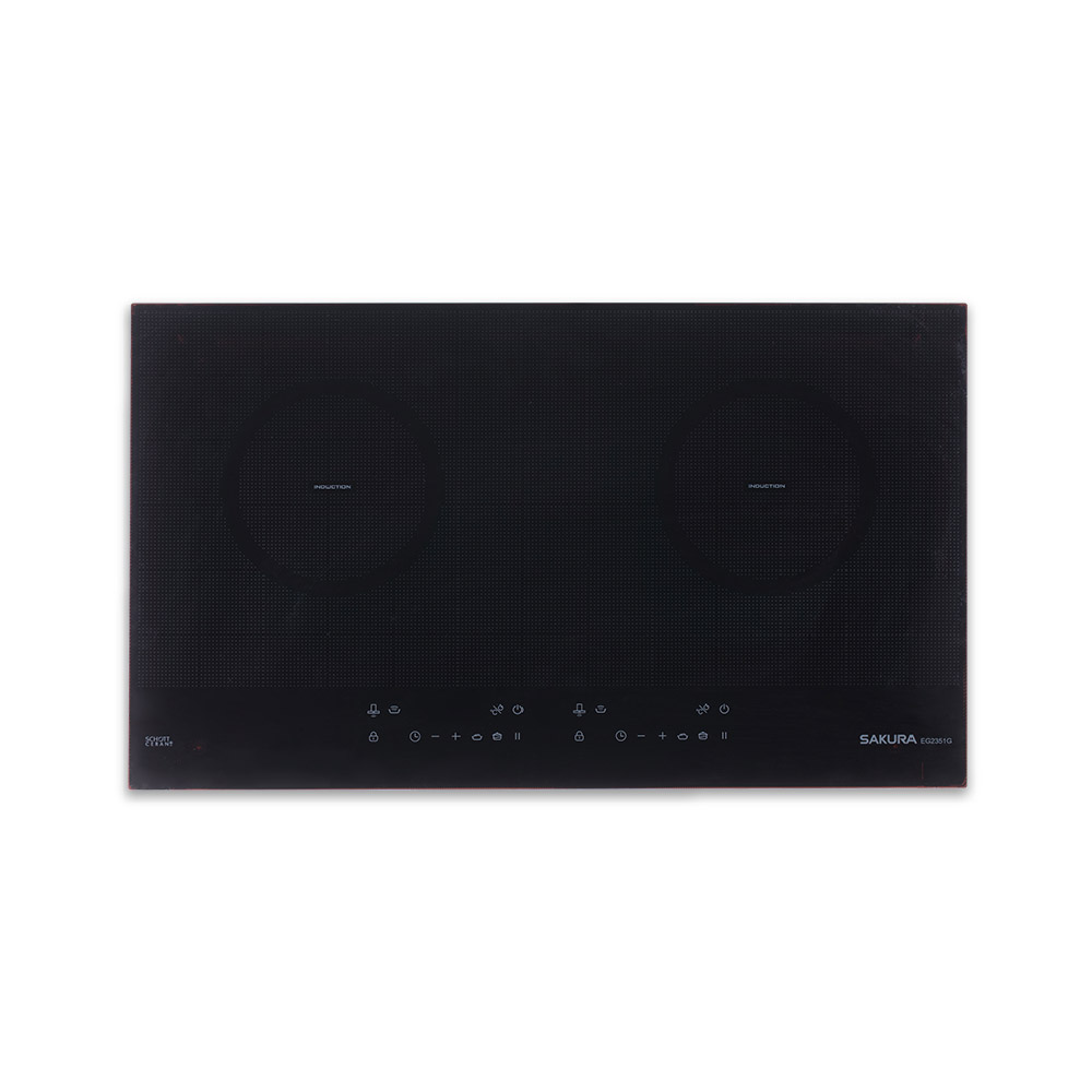 Black induction cooktop with two circular cooking zones and a touch-control panel along the front edge, brand Sakura visible on the lower right, sleek glass-ceramic surface.