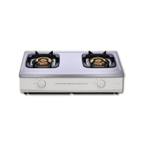 Two-burner gas stove with a light gray body and brass burners by Sakura (model GS201)