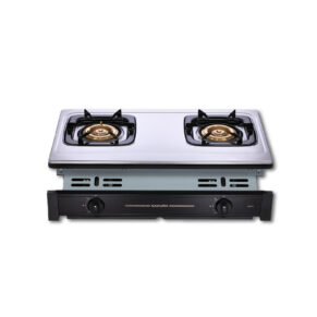Two-burner portable gas stove with a metal top and black control panel (Sakura brand).