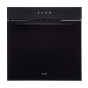 Front view of a black Sakura dishwasher with a slim horizontal handle and control panel along the top edge, showing icons. The brand logo appears near the bottom.