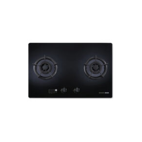 Black glass gas cooktop with two circular burners and front control knobs (Sakura brand)