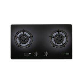 Black glass gas stove top with two circular burners and front controls visible at the bottom edge (SAKURA brand)