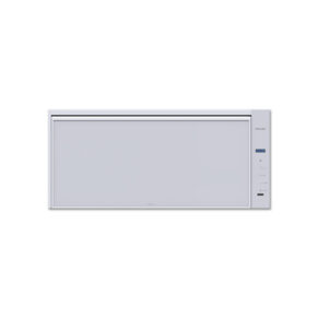 Close-up of a built-in stainless steel microwave with a right-side control panel and digital display.