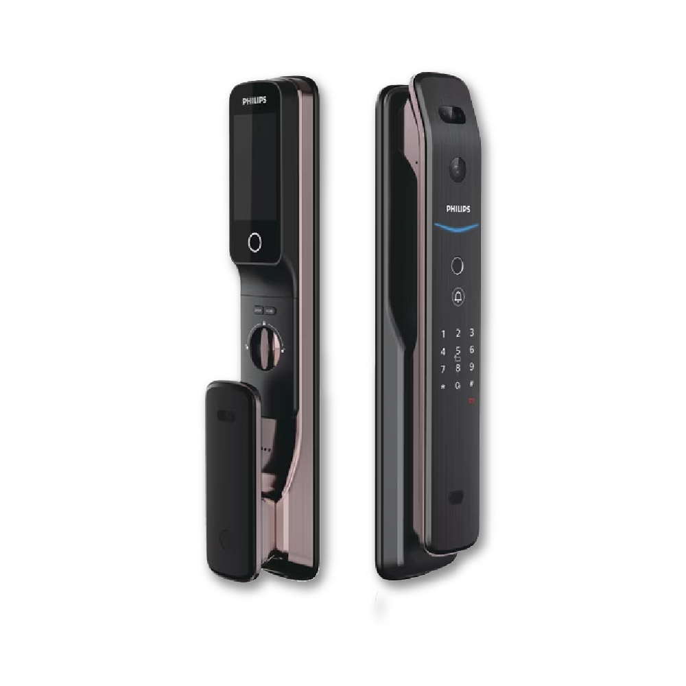 Philips smart door lock with keypad and touchscreen, displayed in two views (interior panel with handle removed and exterior panel with numeric keypad).
