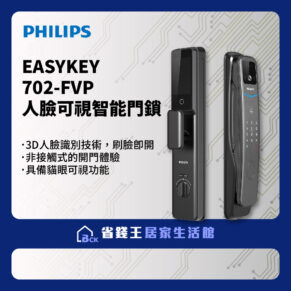 Philips EasyKey 702-FVP smart door lock ad with two black keyless locks on a circuit-pattern backdrop and Chinese feature bullets.