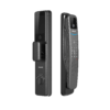 Two black handheld mobile phones standing upright side by side, one showing its screen and keypad edge.