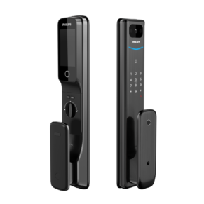 Two Philips smart door locks shown from the front and side, one with a touchscreen and circular bottom button, the other with a numeric keypad and blue accent line.