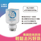 Product image of YGJ10001 water-cleaning filter attachment with a blue logo on a white body, shown for an advertisement with feature bullets and a pink curved banner.