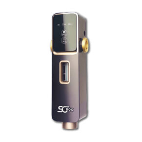 Portable electronic device (vape/mod) with a USB port on the front and gold side connectors, branded 'SCBOX' on the lower front.