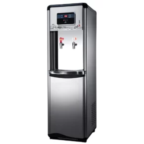 Tall stainless steel water dispenser with two taps and a digital control panel at the top, featuring a decorative mountain scene and a bottom storage area.