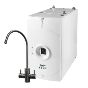 White countertop water filtration unit with a tall chrome gooseneck faucet, labeled Buder for household use.