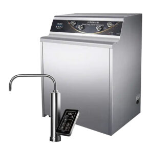 Three‑temp water dispenser in stainless steel with a tall curved faucet and digital touch panel on the front
