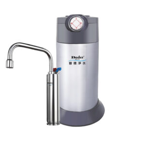 Buder water filtration system with tall silver tank and curved chrome faucet on a grey base.