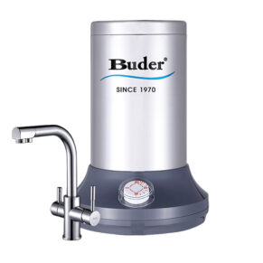 Stainless steel Buder hot water boiler with chrome faucet and built-in timer dial on a dark base