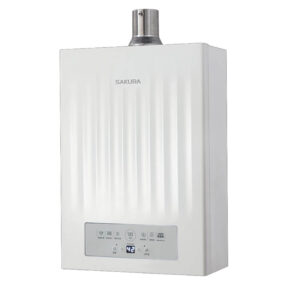 White Sakura wall-mounted boiler/water heater with a vent on top and vertical ridges across the front, featuring a control panel near the bottom.