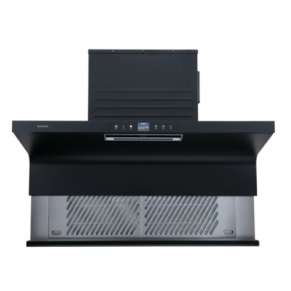 Black wall-mounted kitchen range hood with stainless steel vent below and control panel in the center