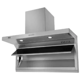 Stainless steel wall-mounted kitchen range hood with built-in lights and a ducted chimney.