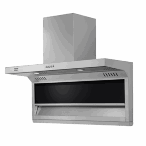 Stainless steel wall-mounted range hood with a tall chimney and built-in lights above a stove area