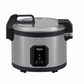 Stainless steel electric pressure cooker with black handles and a digital control panel (Rinnai) on the front plate.