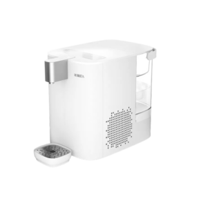 White countertop water filter/purifier with a spout on the left and a small detachable drip tray labeled Brita on the body.