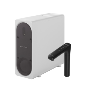 White Aqua-Pure water purification system with a tall black faucet on the side.