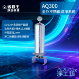AQ3000 SUS304 stainless steel water filtration system with a top pressure gauge on a blue neon backdrop