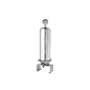 Vertical stainless steel gas cylinder with a top pressure gauge and a mounted regulator/bracket at the base.