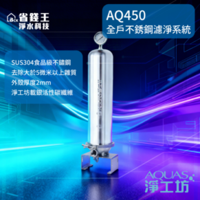 AQ450 stainless steel whole-house water filter with pressure gauge on a blue tech backdrop.
