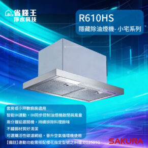 Hidden oil-smoke extractor hood (R610HS) for small homes, stainless steel with rectangular chimney and integrated lighting, shown against a blue tech background