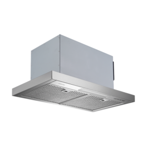 Ceiling-mounted stainless steel kitchen range hood with dual mesh filters.