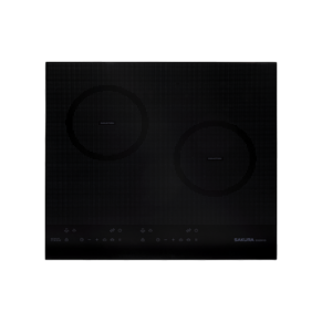 Black two‑zone induction cooktop with sleek glass surface and front control panel (Sakura brand)