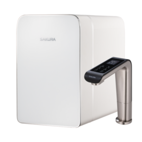 White Sakura water purifier with an attached chrome faucet for dispensing filtered water.