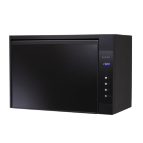 Sakura microwave oven with a dark door and a vertical control panel showing a blue digital clock display on the right side.
