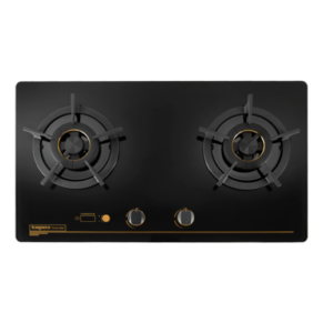 Black glass gas cooktop with two burners and two control dials in the center, gold accents on the rings on a dark surface