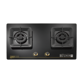 Black two-burner gas cooktop with metal pan supports and two brass control knobs in the center (informative product image)