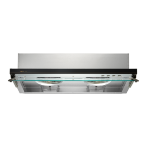 Wall-mounted stainless steel range hood with a glass canopy and dual fan housings.
