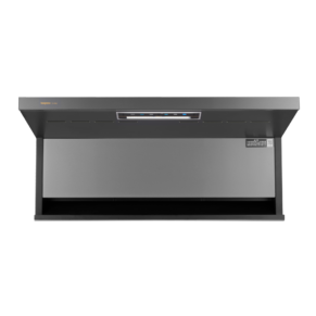 Wall-mounted kitchen range hood with a dark grey metal finish and a central control panel for vent settings and lights