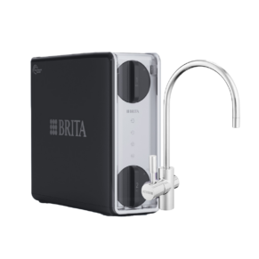Brita water filtration unit with a tall chrome gooseneck faucet attached for filtered drinking water.