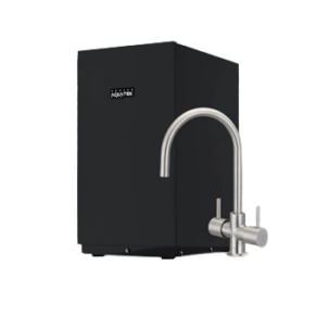 Black wall-mounted water heater with a stainless steel gooseneck faucet for dispensing hot water at the side of the unit.