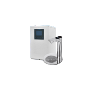 Industrial water purification system with a touchscreen control panel and a tall chrome faucet set on a circular base beside it.