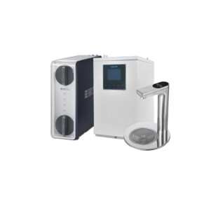 Industrial water purification system with twin filtration tanks, a control unit, and a chrome drinking-water faucet.