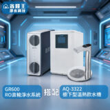 BRITA GR600 RO filtration system with an AQ-3322 hot water dispenser and modern faucet in a futuristic lab backdrop.