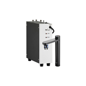 Compact industrial control box with a vertical black stand and a handheld activator connected to a grey front panel (110V power).
